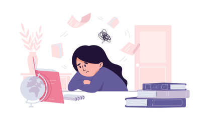 Tired female student having stress before an exam. Stressful situation in learning and education process. Hard time in getting high score at university tests. Procrastination while writing the thesis.