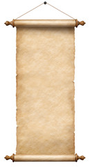 old paper scroll hanging on rope isolated