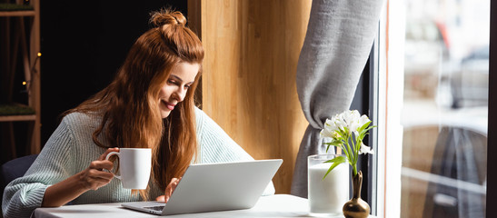 beautiful smiling woman with cup of coffee using laptop in cafe
