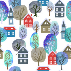 Seamless city pattern with watercolor trees and houses. Winter landscape. Christmas wrapping paper design. © Afanasia