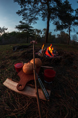 meat and tomato juice over an open fire in the forest late at night at sunset