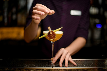 Professional bartender decorating yellow alcoholic cocktail in the glass with a dried lemon and tropical leaf in the clothespin