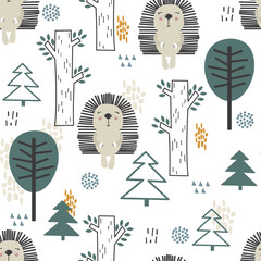 Happy hedgehogs, trees, hand drawn backdrop. Colorful seamless pattern with animals, forest. Decorative cute wallpaper, good for printing. Overlapping colored background vector. Design illustration