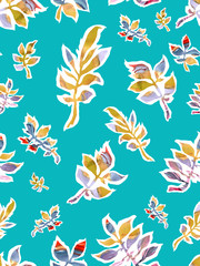 Seamless composition on a turquoise background with watercolor yellow leaves and twigs. Floral ornament with a white outline. Bright contrasting background. Repeating natural decorative ornament.