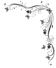 Decorative floral corner ornament with butterflies for stencil isolated on white background