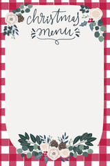 Merry Christmas  menu card or poster template with hand drawn rustic clipart in scandinavian style, floral arrangement, red classic plaid hand written lettering