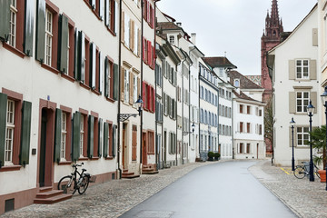 Traditional narrow street in Basel, cozy old downtown.