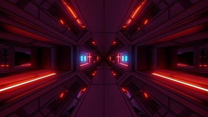 Fototapeta na wymiar futuristic space sci-fi temple hangar tunnel corridor with nice reflections and holy christian glowing cross 3d illustration background wallpaper