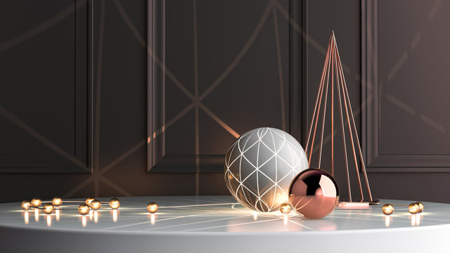 3d render illustration with christmas symbols staying on the round white platform. Light ball, lamp garland and metallic rose gold cone in modern design scene. Festive template for social media.