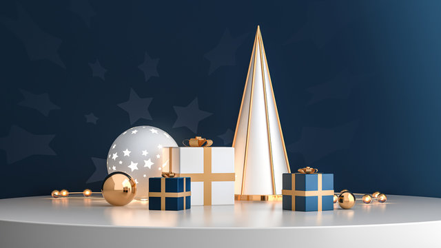 3d render illustration with christmas symbols staying on the round white platform. Golden gifts, light ball, lamp garland and metallic cone in modern design scene. Festive template for social media.