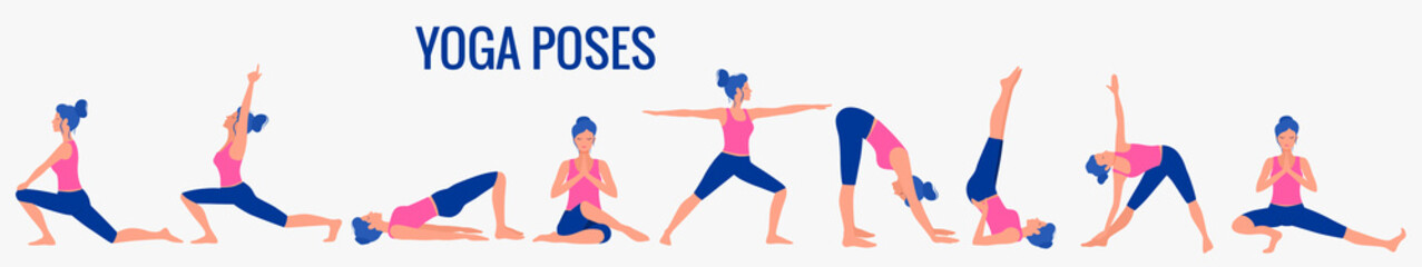 Fototapeta premium Various yoga poses set. Female yoga vector illustration. Healthy lifestyle.