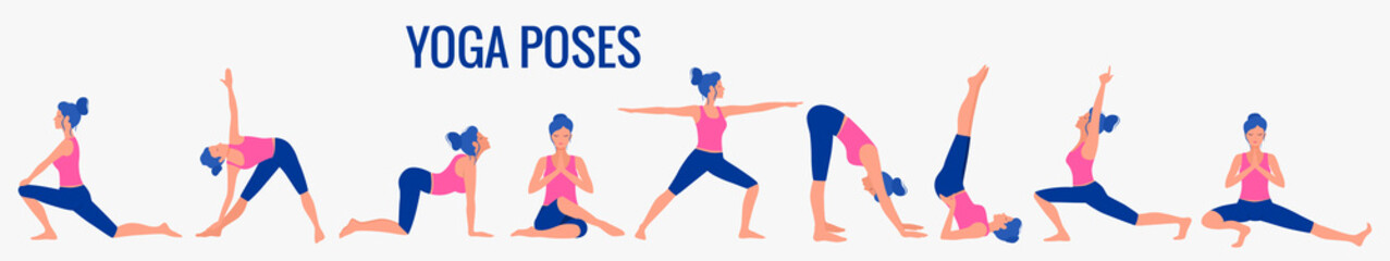 Various yoga poses set. Female yoga vector illustration. Healthy lifestyle. - 300874856