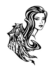 beautiful fairy tale goddess woman with angel wings and long gorgeous hair - black and white fantasy beauty vector portrait design