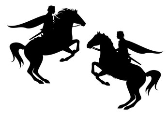 medieval fairy tale prince riding horse reaing up - fantasy hero rider black vector silhouette set - obrazy, fototapety, plakaty
