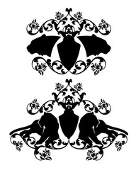 wild tiger coat of arms - big cat with heraldic shield among rose flowers black vector silhouette set