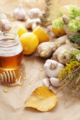 Honey, garlic, herbs, lemon and ginger - natural medicine, healthy food