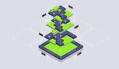 Isometric design concept virtual reality and augmented reality. software development and programming. Computation of big data center, quantum computer isometric vector technology