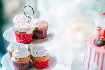Delicious cupcakes on the festive table.