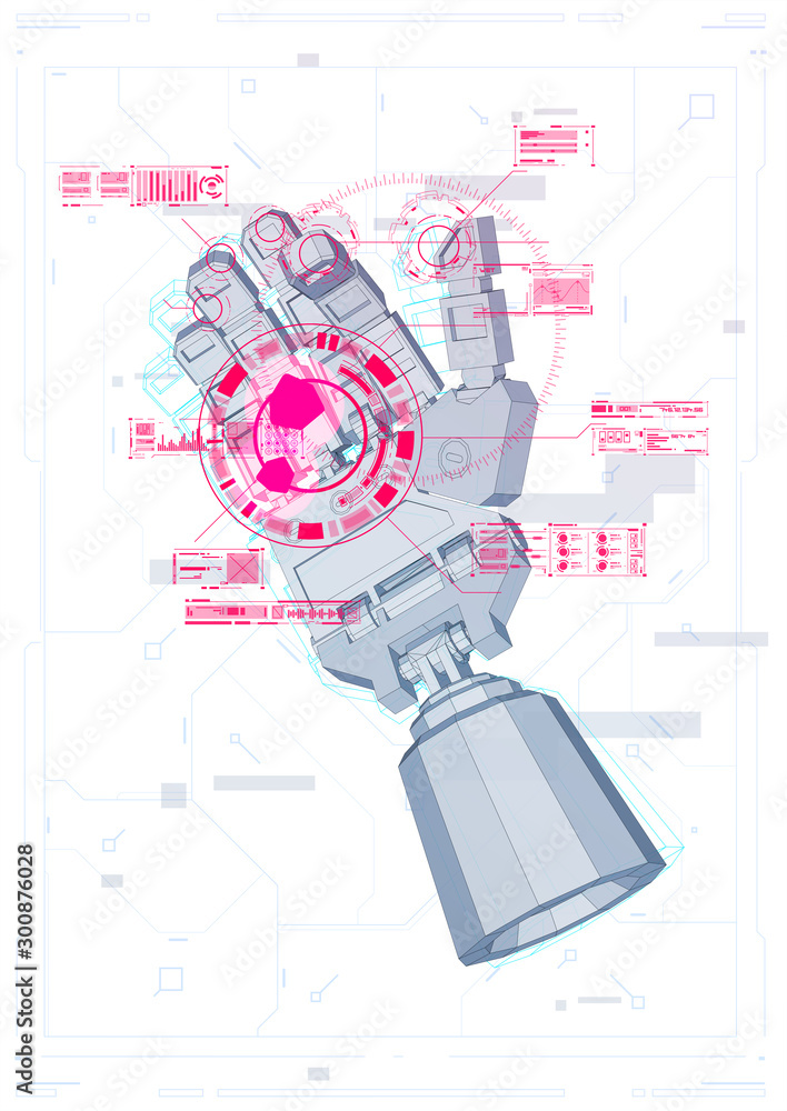 Poster the robot mechanical arm or hand with hud virtual holographic elements. artificial intelligence futu