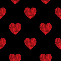 Seamless pattern with red poly hearts on the black background. Valentine's day ornament for cards, banners, invitations, scrapbook, wrapping paper, packets. Vector elegant ornament