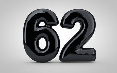 Black glossy balloon number 62 isolated on white background.