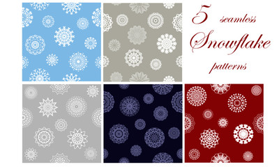 Set of 5 snowflake semless patterns