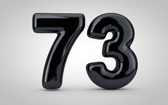 Black glossy balloon number 73 isolated on white background.
