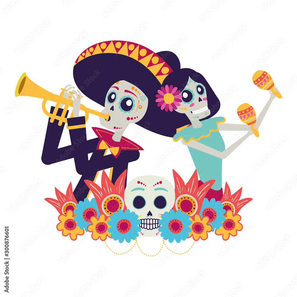 Sticker catrina and mariachi playing trumpet characters