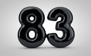 Black glossy balloon number 83 isolated on white background.