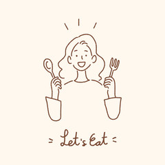Young woman holding spoon and fork with Let's Eat handwritten lettering, eating dining concept, hand-drawn style vector illustration.
