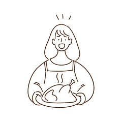 Woman holding a roast turkey, roast chicken, thanksgiving concept, hand-drawn style vector illustration.