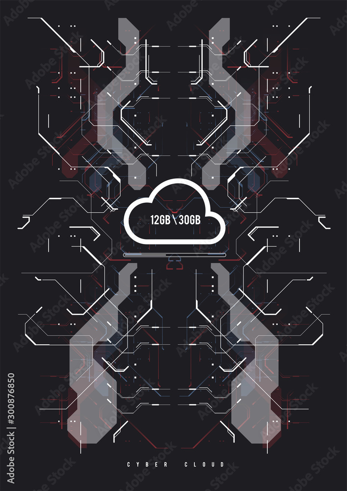 Poster cloud computing and innovation concept with hud elements. storage data, online data backup. internet
