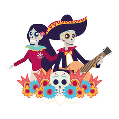 catrina and mariachi skulls dancing and playing guitar