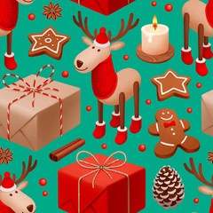 Christmas seamless pattern. Gift boxes, reindeer toy, gingerbread man and star cookies with Christmas spices illustrations