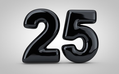 Black glossy balloon number 25 isolated on white background.