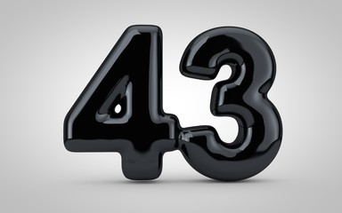 Black glossy balloon number 43 isolated on white background.