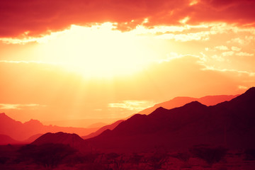 Mountain nature landscape. Desert in the early morning. Beautiful sunrise in the mountains