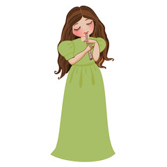 girl in a floor-length concert green dress playing the flute, color clip-art on a white isolated background