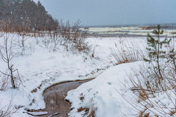 curve of a peat forest flood in snow shores with sea waves on the background