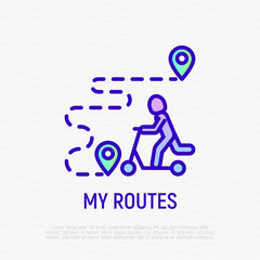 Human on electric scooter thin line icon. Eco friendly transport. Modern vector illustration for rental service.