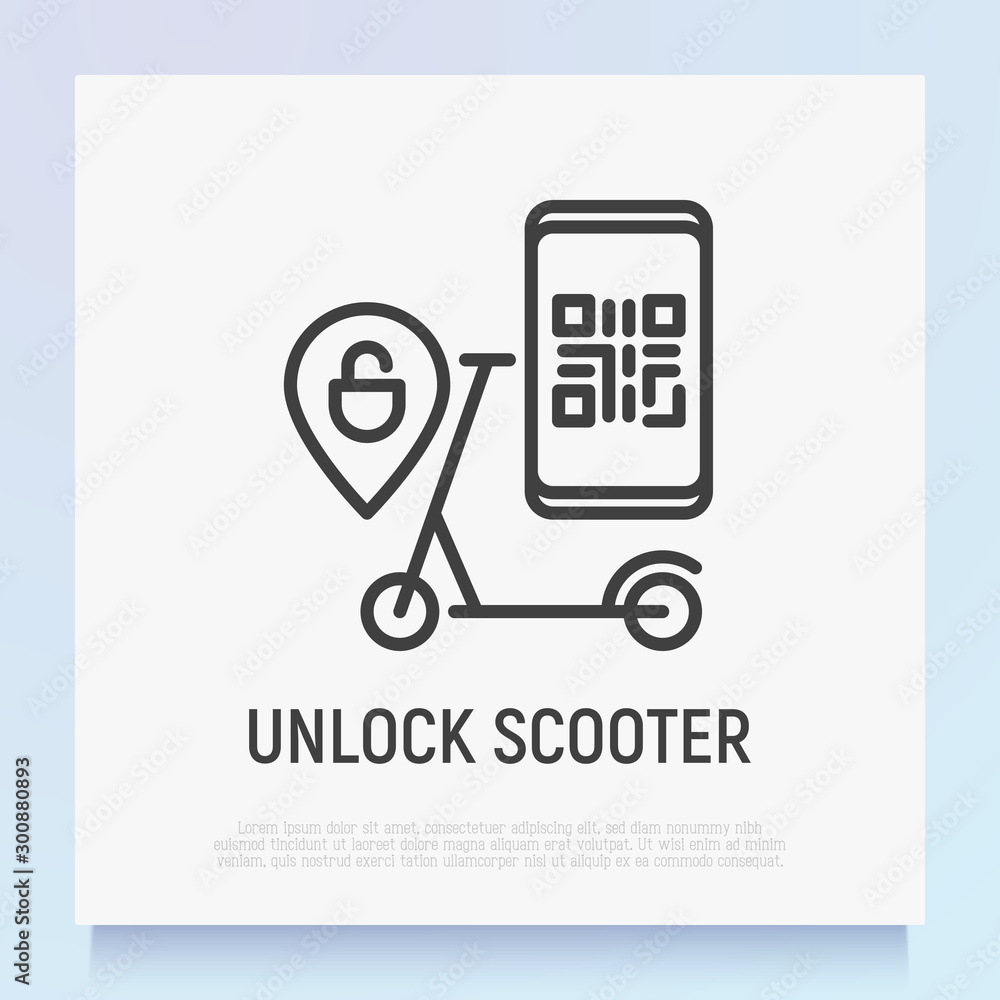 Poster unlock electric scooter by qr code. thin line icon of transport sharing service. pointer with unlock