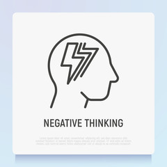 Negative thinking thin line icon. Flash in silhouette of man head. Depression, anxiety, frustration. Modern vector illustration of mental health.