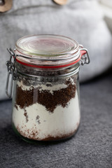 Vegan Chocolate brownie ingredients in a glass jar