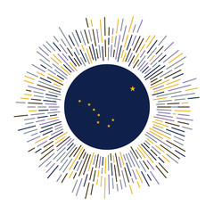 Alaska sign. US state flag with colorful rays. Radiant sunburst with Alaska flag. Vector illustration.