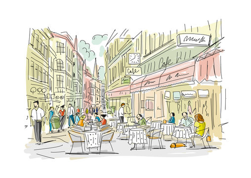 Old European Street With Cafe And Restaurants, Sketch For Your Design