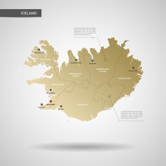 Stylized vector Iceland map.  Infographic 3d gold map illustration with cities, borders, capital, administrative divisions and pointer marks, shadow; gradient background. 