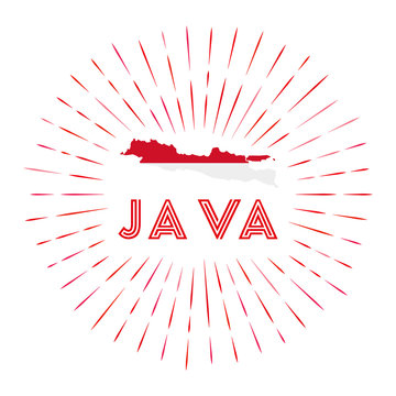 Java sunburst badge. The island sign with a map of Java with the Indonesian flag. Colorful rays around the logo. Vector illustration.