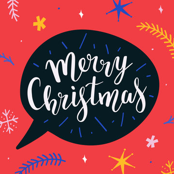 Merry christmas vector banner template with beautiful bouncing lettering writing and decorative background with doodle illustrations, colorful template for postcard, banner, greeting or gift card.