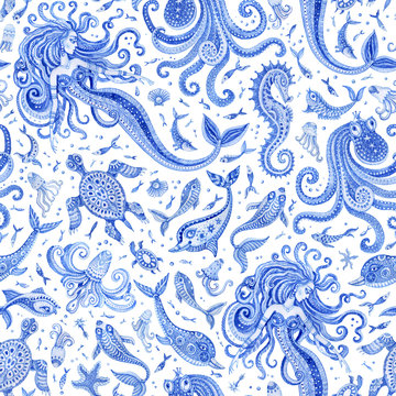 Seamless Baroque wallpaper pattern of indigo blue fairy tale sea animals and mermaid. Watercolor fantasy fish, octopus, dolphin, sea shells, bubbles, isolated on a white background 