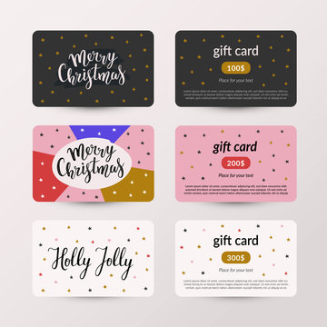Collection of christmas gift card vector layouts, set of voucher templates for christmas sales, modern hand drawn illustrations and doodles with handwritten lettering, 2 side design.